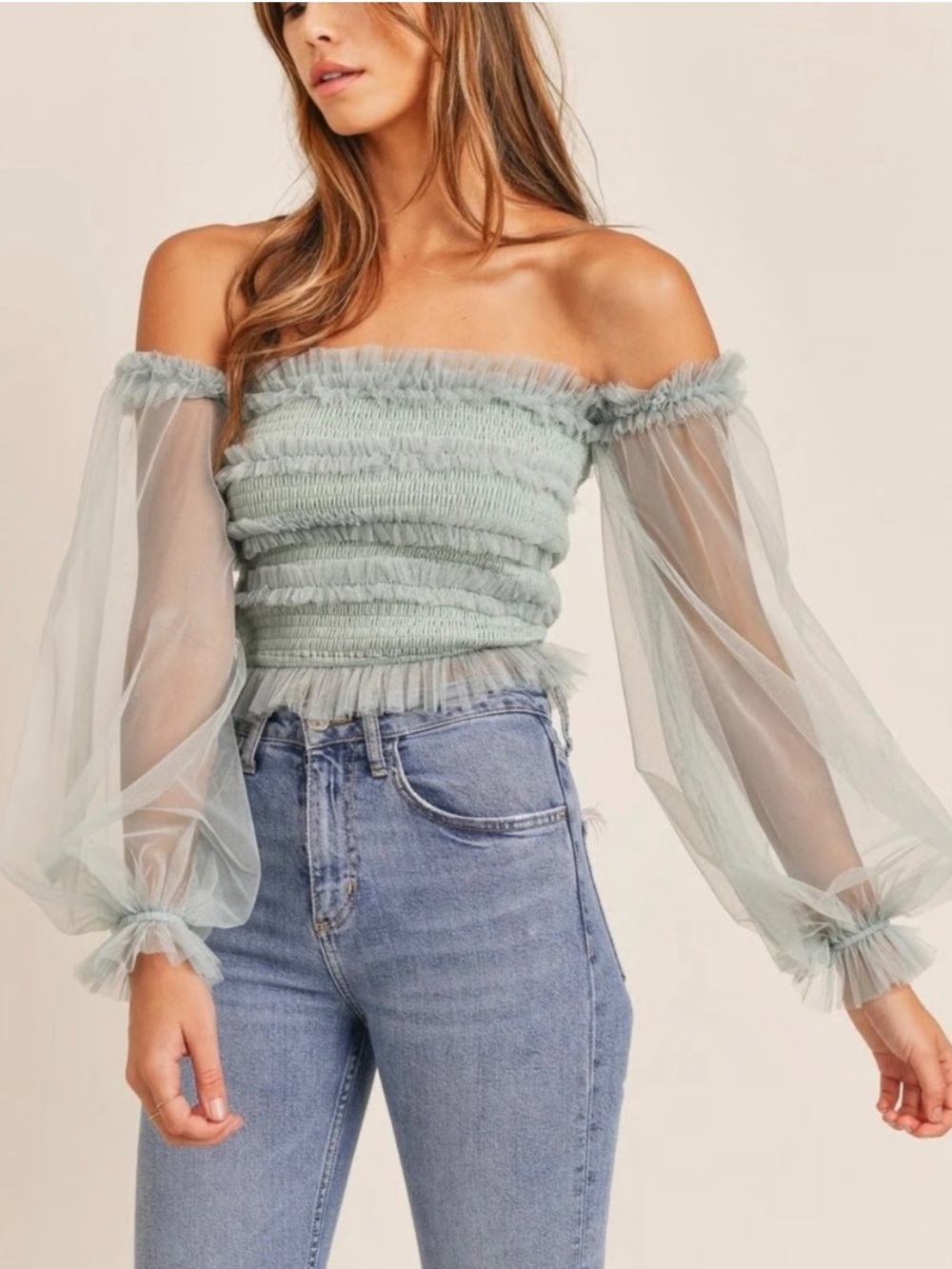 Mable Off the Shoulder Mint Green Crop Top